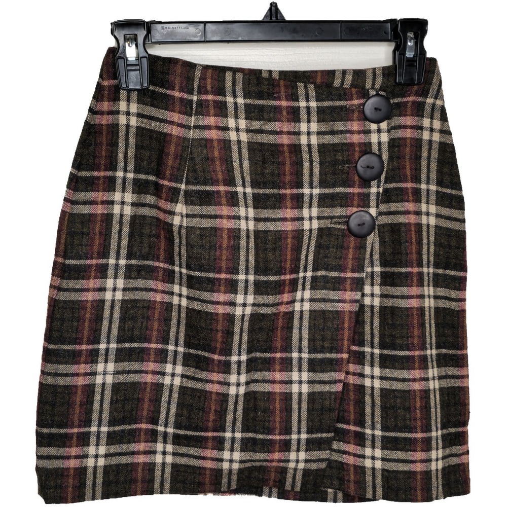 Moda International Brown Plaid Wool Blend Mini Skirt Woman Size 3 Vintage